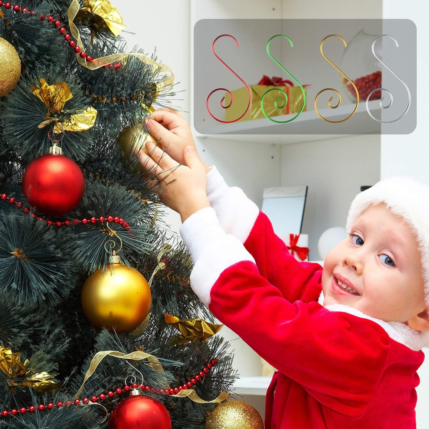 image:imageFEPITO 120 Pcs Christmas Ornament Hooks Stainless Steel Hangers Perfect for Art Craft Tree Decorations 4 Colors