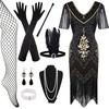 image:imageFEPITO 1920s V Neck Sequin Beaded Fringed Dress with 20s Accessories SetBlack Gold