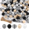 image:imageFEPITO 150 Pcs Plaid Wood Beads  16mm Buffalo Craft Beads for DIY Craft Supplies and Home Decorblack  white  grey  natural  black white plaid
