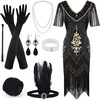image:imageFEPITO 1920s V Neck Sequin Beaded Fringed Dress with 20s Accessories SetBlack Gold
