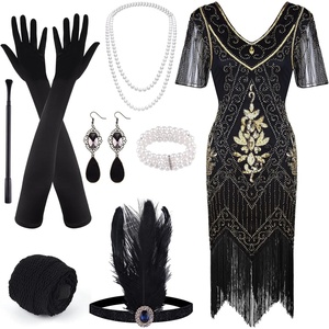 image:imageFEPITO 1920s V Neck Sequin Beaded Fringed Dress with 20s Accessories SetBlack Gold