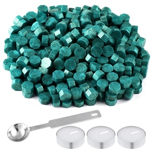 image:imageFEPITO 300 Pcs Octagon Sealing Wax Beads Sticks with 3 Pcs Tea Candles and 1 Piece Wax Melting Spoon for Wax Stamp Sealing Wine RedMalachite Green