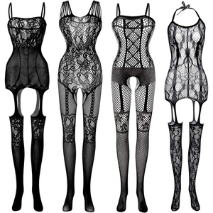 image:imageFEPITO 4 Set Women Stockings Lingerie Lace Fishnet Bodysuits Party Date Wearing