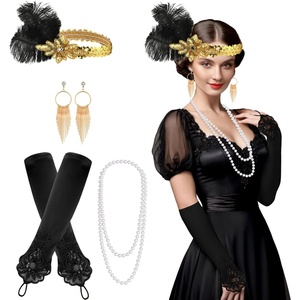 image:imageFEPITO 7 Pieces 1920s Flapper Great Gatsby Accessories Set Fashion Roaring 20s Theme Set with Headband Headpiece Long Black Gloves Necklace Earrings for WomenSet A