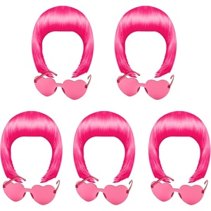 image:imageKUUQA 10 Pieces Party Wigs and Sunglass Set Neon Short Bob Wig Sunglass Pack Costume Colorful Cosplay Wig Daily Party Hairpieces for Bachelorette Neon Party Favors Halloween and DecorationsPeach Red