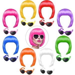 image:imageKUUQA 16 Pieces Party Wigs and Sunglass Set Short Bob Wig Sunglass Pack Costume Colorful Cosplay Wig Party Hairpieces for Bachelorette Party Halloween and Decorations
