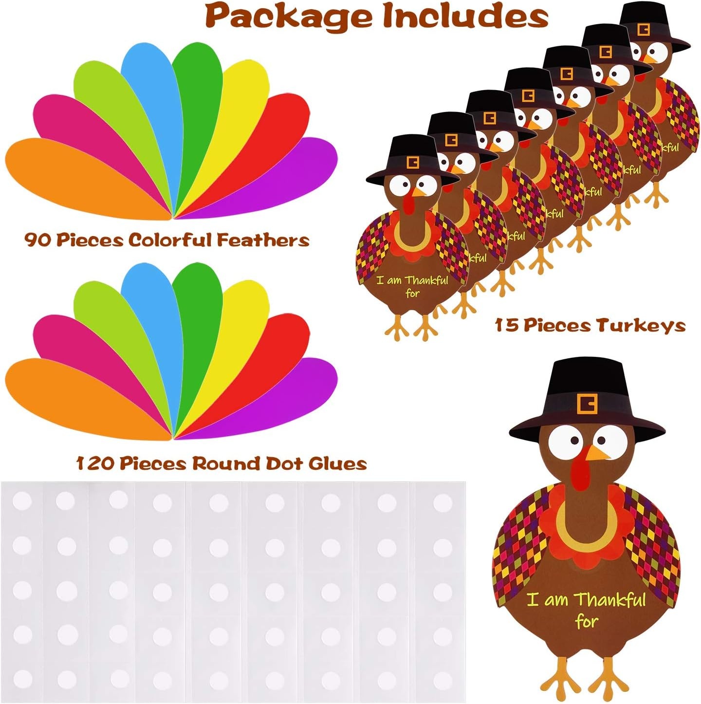 image:imageFEPITO 105 PCS DIY Turkey Craft Kit with Colorful Feathers Dot Glues and Thanksgiving Stickers for School Activities and Party Decorations