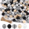 image:imageFEPITO 150 Pcs Plaid Wood Beads  16mm Yellow Farmhouse Beads for Spring Summer Fall Thanksgiving DIY Craft Supplies and Decorationblack  white  grey  natural  black white plaid